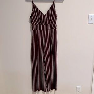 Straight leg burgundy striped jumpsuit